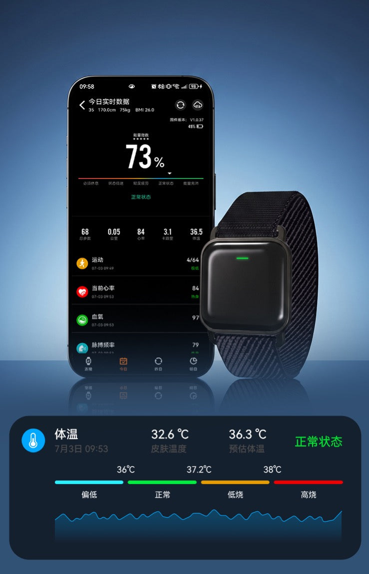 A black smartwatch with a textured mesh band displayed next to a smartphone showing a health app interface, set against a blue gradient background with a dark analytics panel at the bottom.