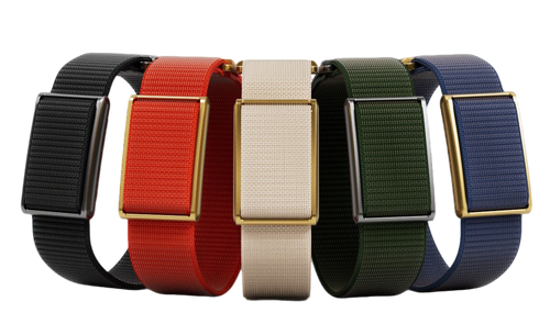 Four woven fabric watch straps in black, red, cream, and green, paired with rectangular gold-tone metal cases, arranged side by side on a white background.