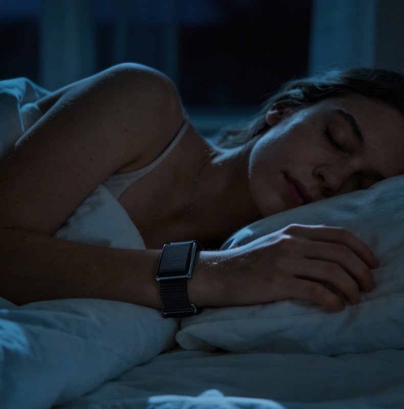 A woman sleeping in bed wearing a black smartwatch with a dark band, shown in a dimly lit bedroom setting.